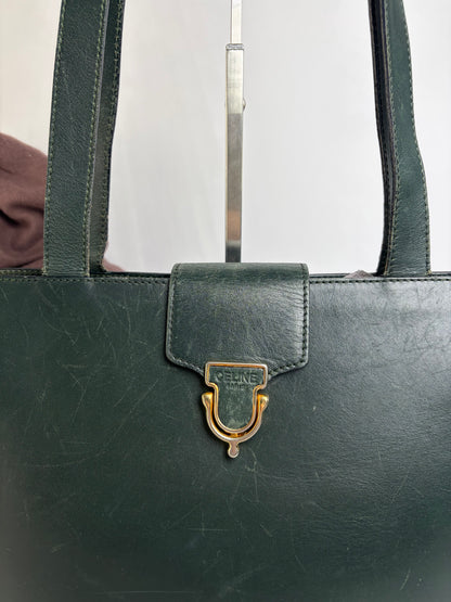 Vintage Celine Structured Leather Top-Handle Bag c. 1996 Dark Green