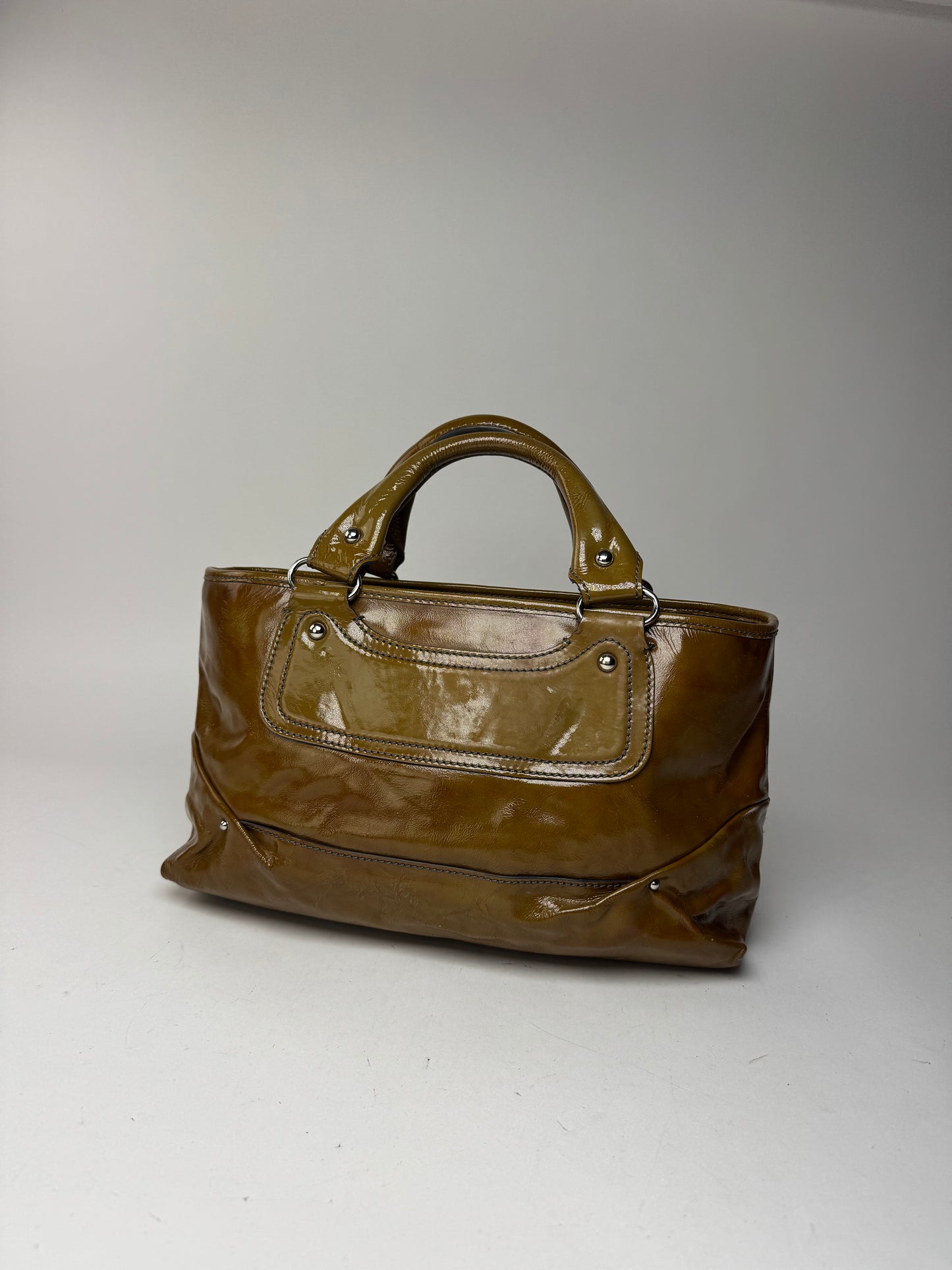 Sac vintage en cuir verni Céline Paris kaki