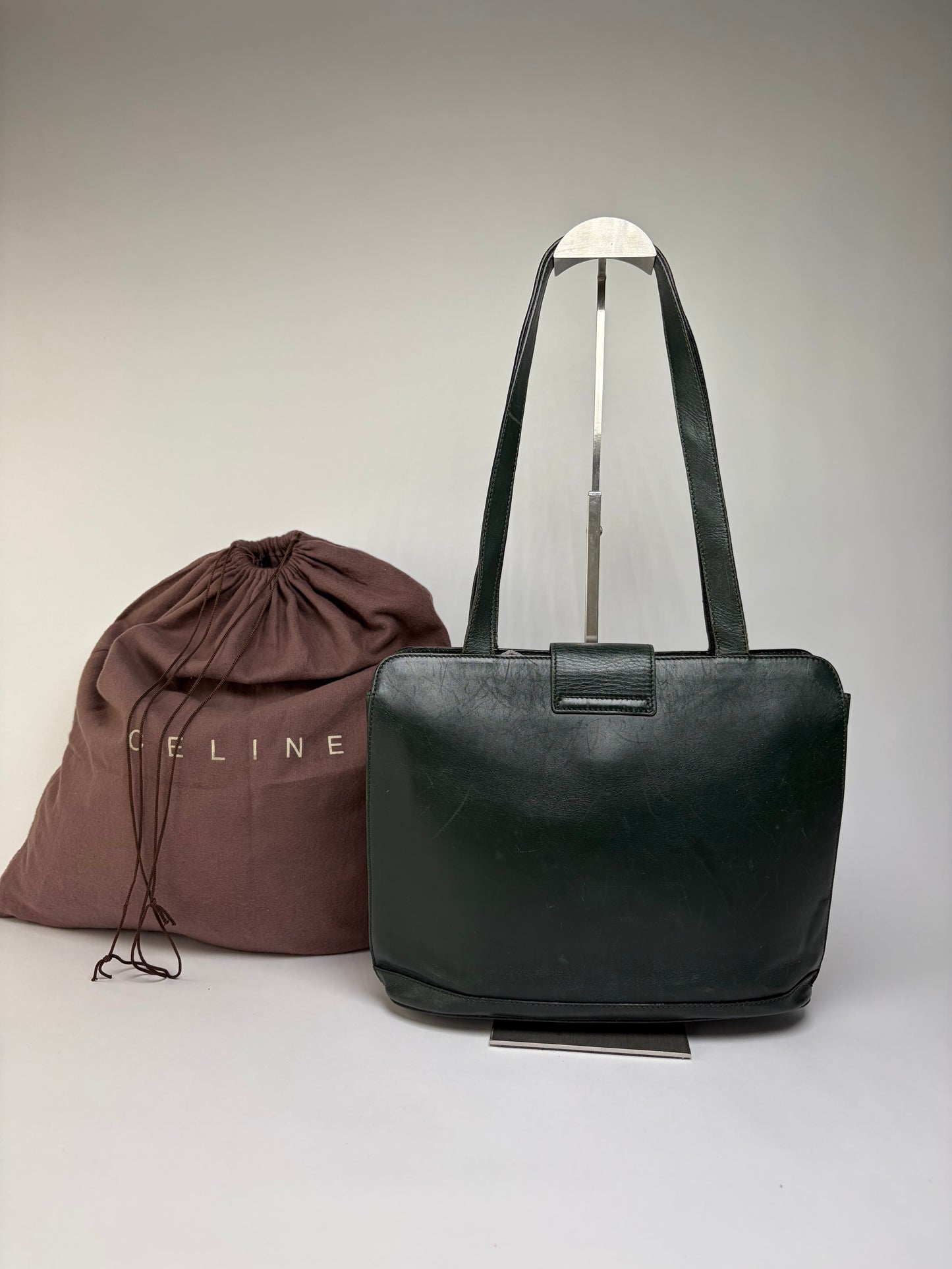 Vintage Celine Structured Leather Top-Handle Bag c. 1996 Dark Green