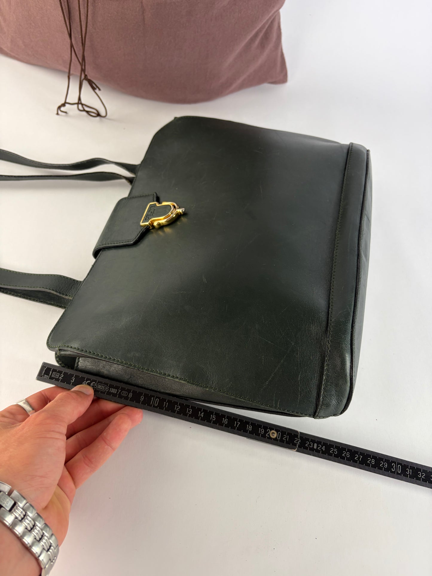 Vintage Celine Structured Leather Top-Handle Bag c. 1996 Dark Green
