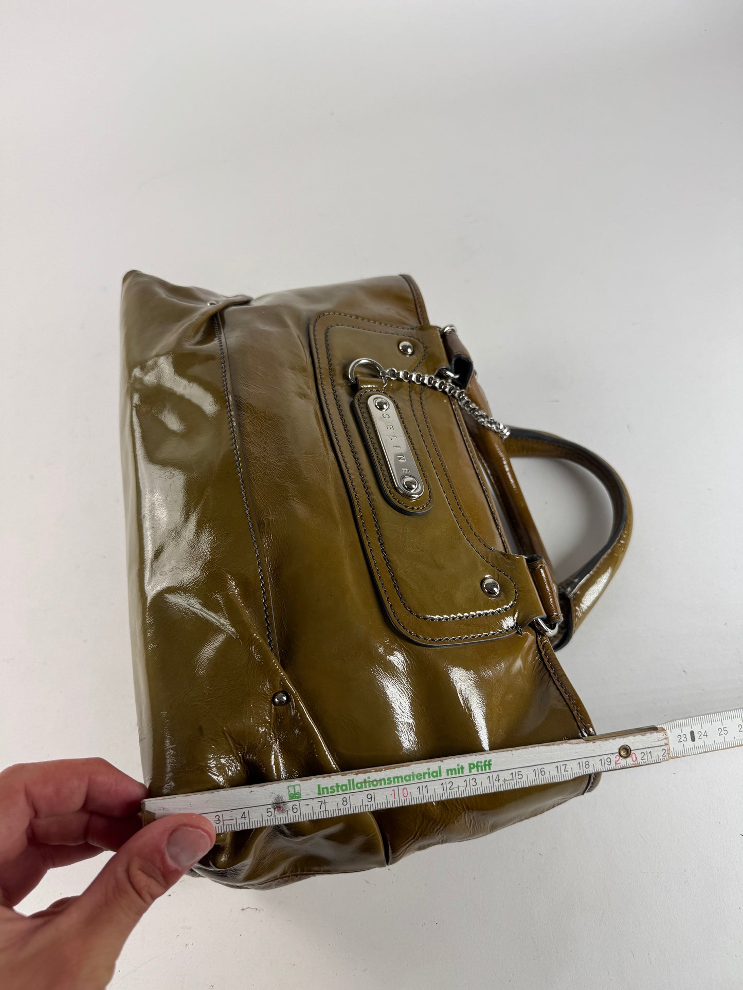 Sac vintage en cuir verni Céline Paris kaki