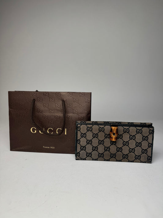 Vintage Gucci Monogram Bamboo Long Wallet Black Brown