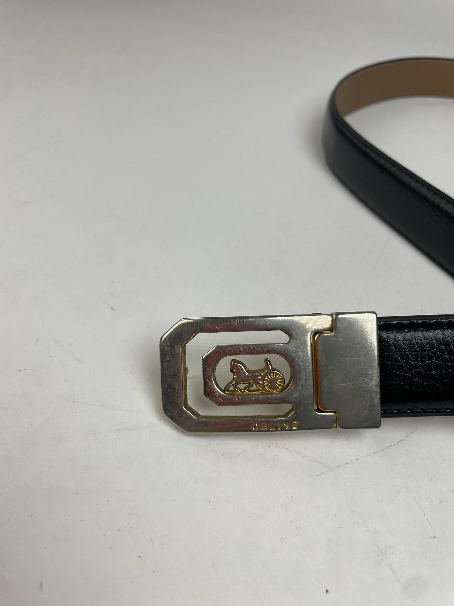 Vintage Celine Paris Carriage Logo Leather Belt Black