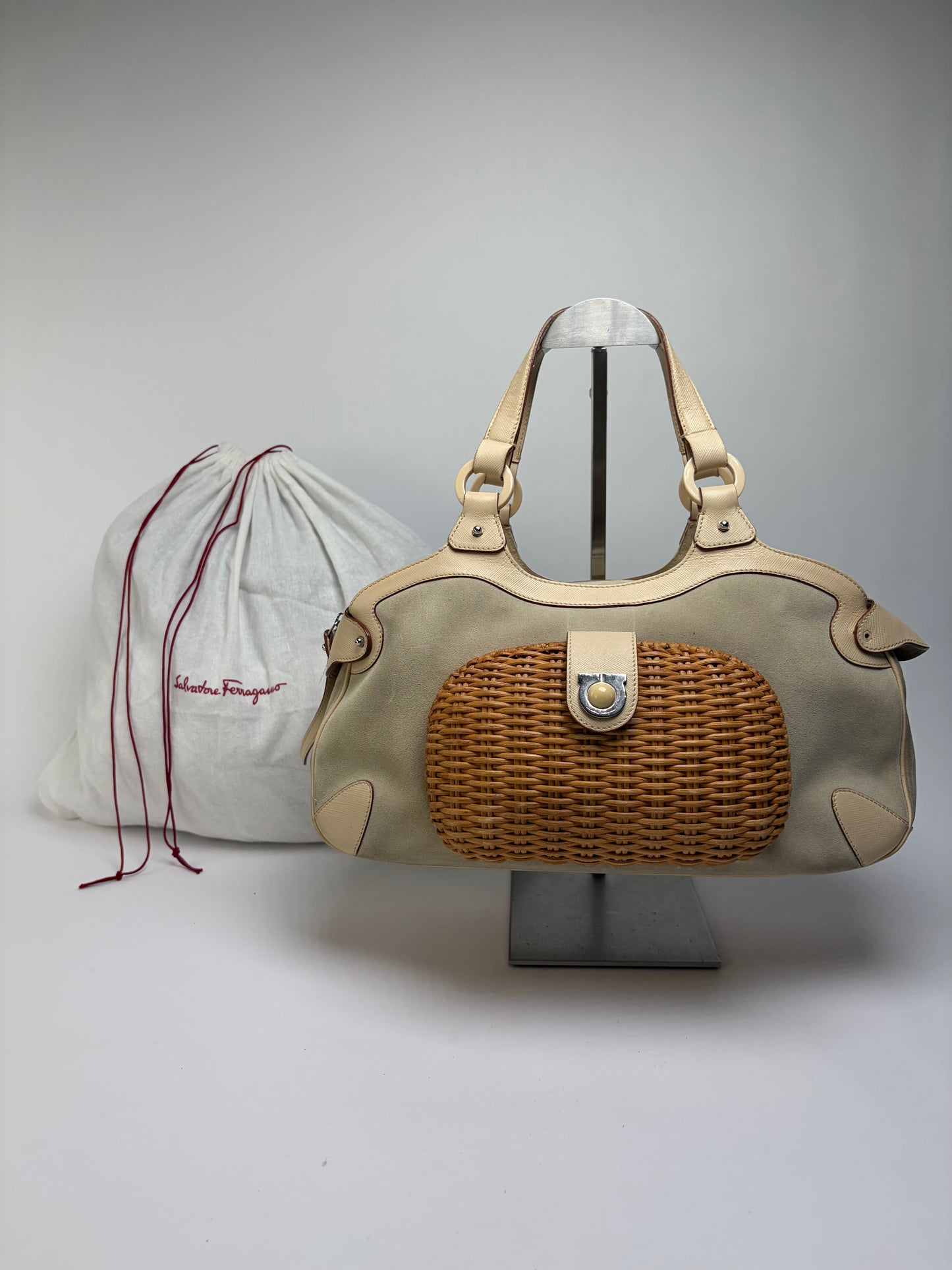Vintage Ferragamo Woven Rattan Structured Top-Handle Bag Beige