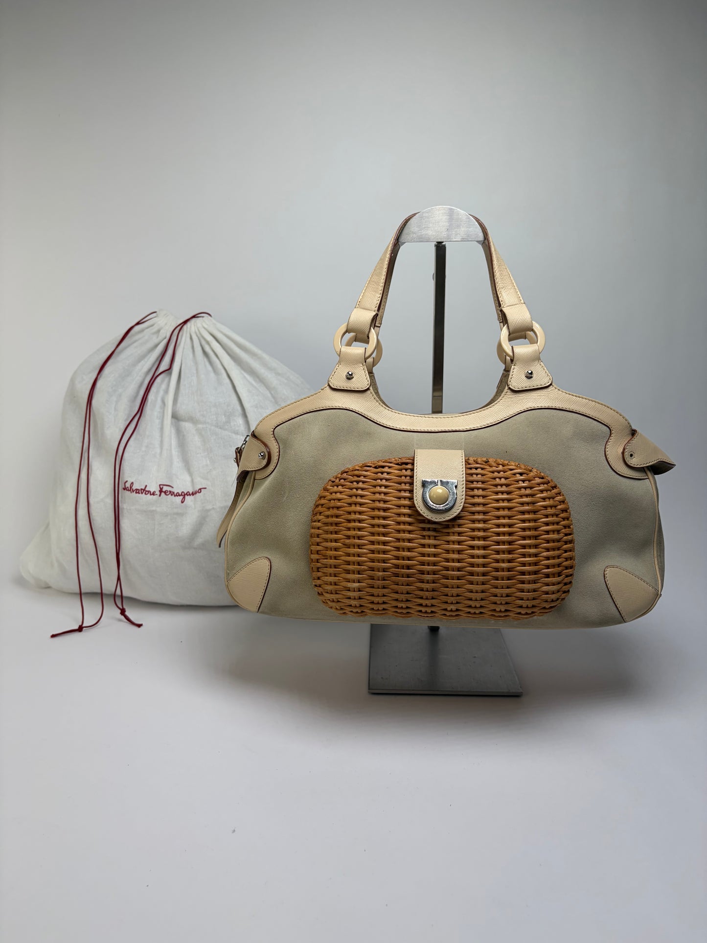 Vintage Ferragamo Woven Rattan Structured Top-Handle Bag Beige