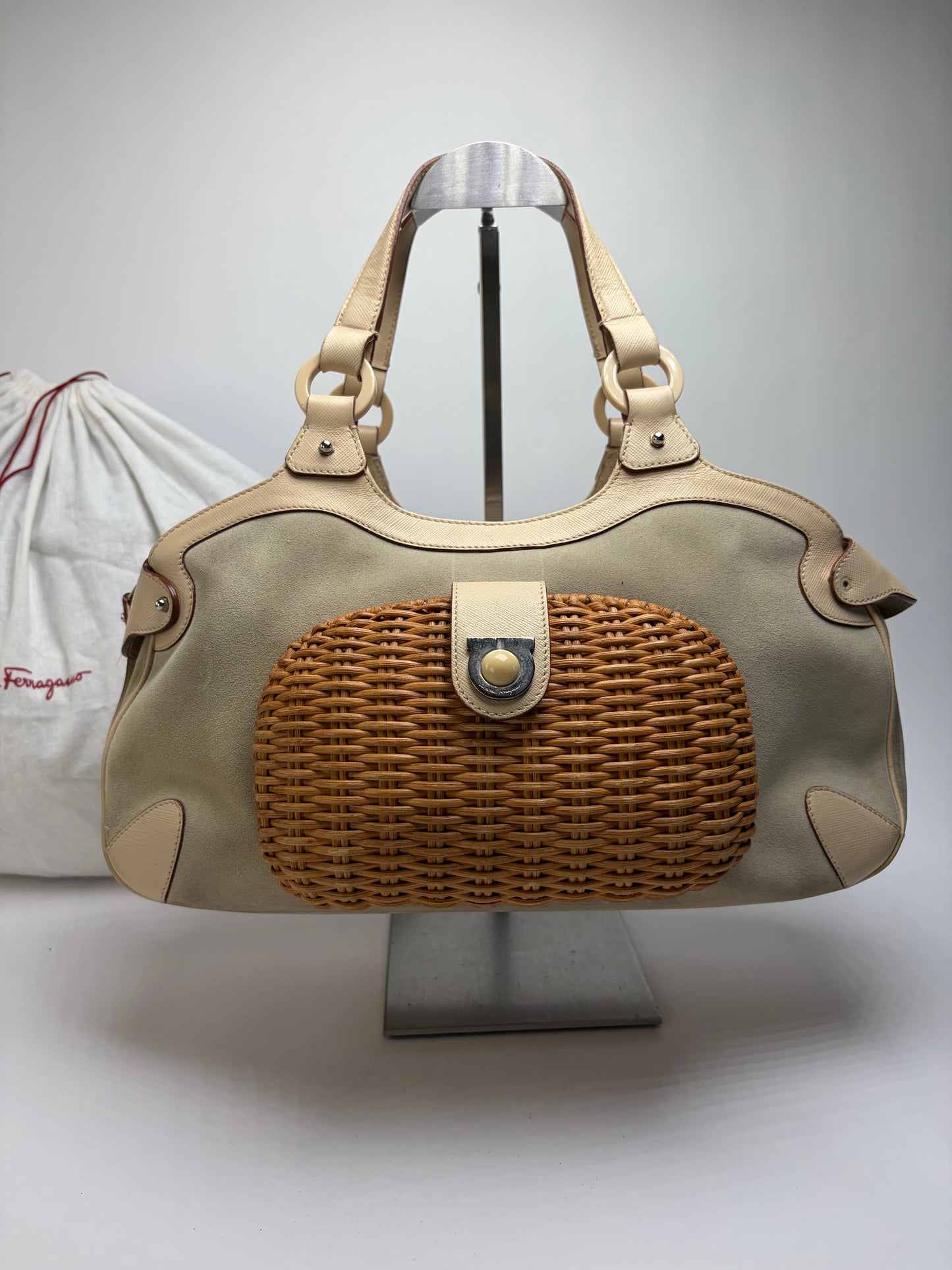 Vintage Ferragamo Woven Rattan Structured Top-Handle Bag Beige
