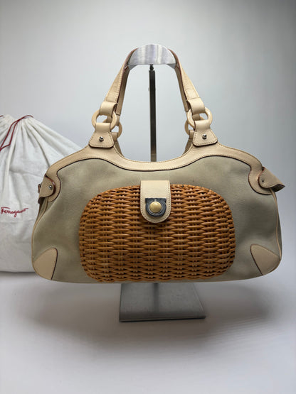Vintage Ferragamo Woven Rattan Structured Top-Handle Bag Beige
