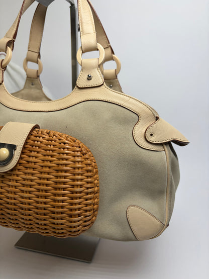 Vintage Ferragamo Woven Rattan Structured Top-Handle Bag Beige
