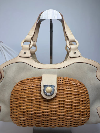 Vintage Ferragamo Woven Rattan Structured Top-Handle Bag Beige