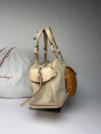Vintage Ferragamo Woven Rattan Structured Top-Handle Bag Beige