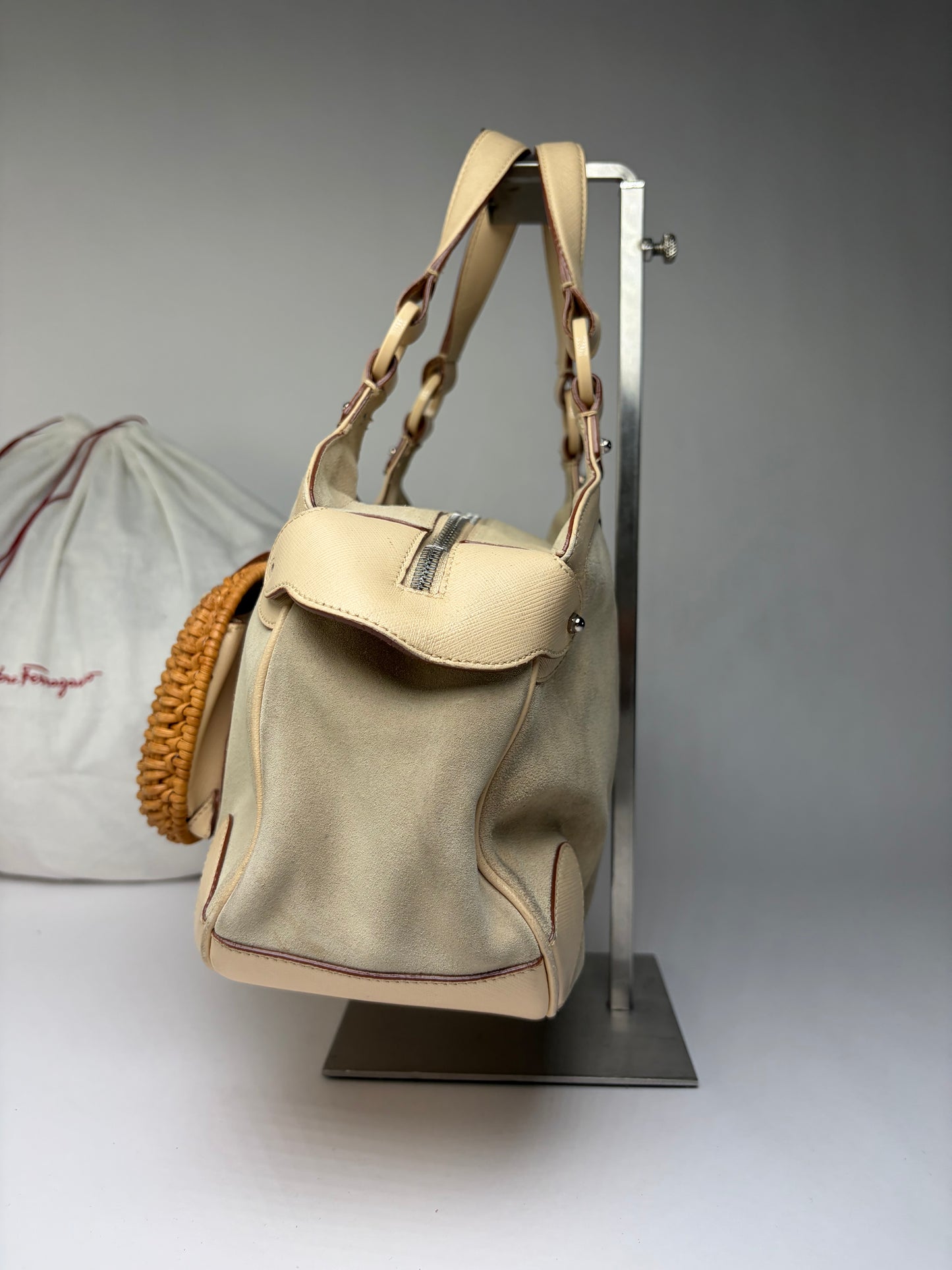 Vintage Ferragamo Woven Rattan Structured Top-Handle Bag Beige