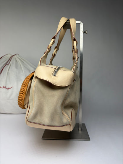 Vintage Ferragamo Woven Rattan Structured Top-Handle Bag Beige