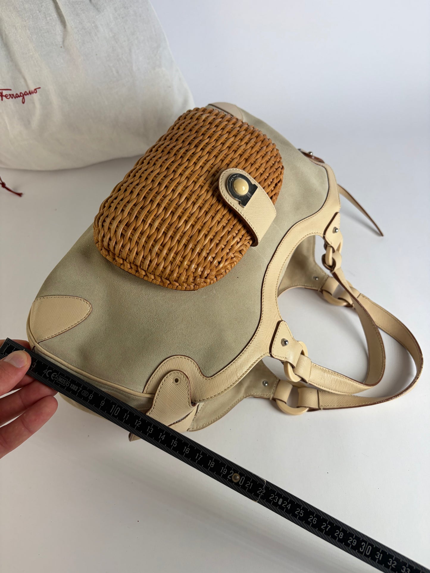 Vintage Ferragamo Woven Rattan Structured Top-Handle Bag Beige
