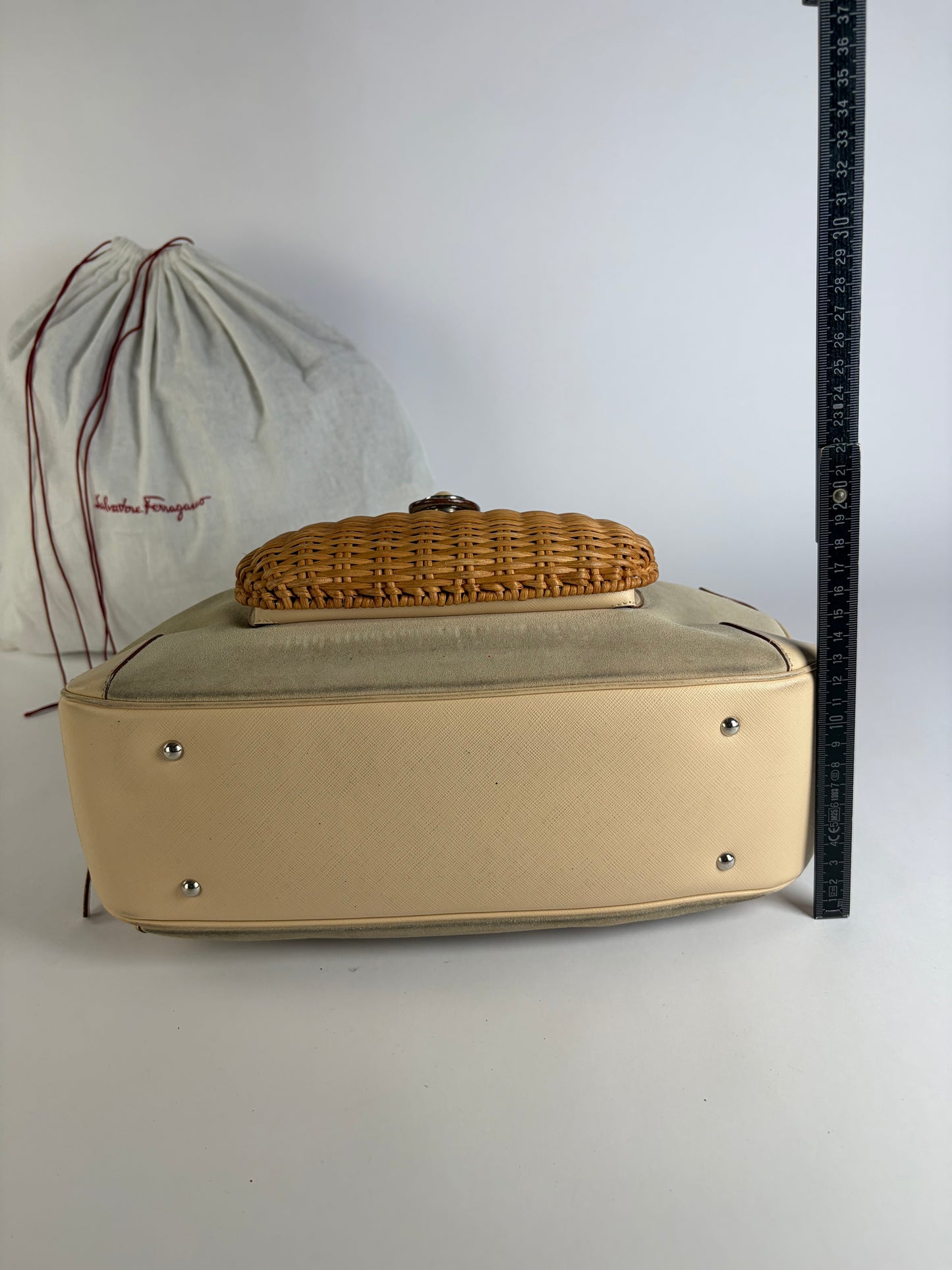 Vintage Ferragamo Woven Rattan Structured Top-Handle Bag Beige