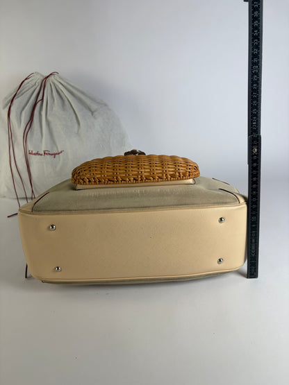 Vintage Ferragamo Woven Rattan Structured Top-Handle Bag Beige