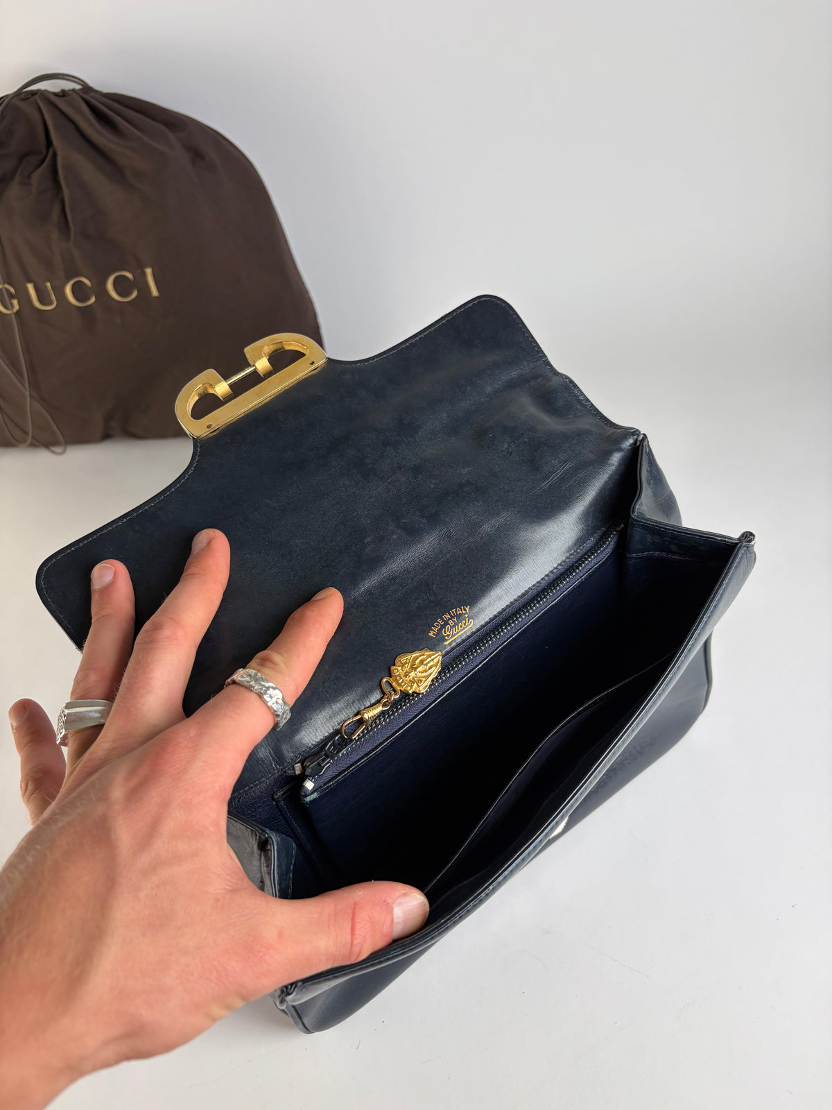Vintage Gucci Structured Leather Top-Handle Bag Late 1970s Navy