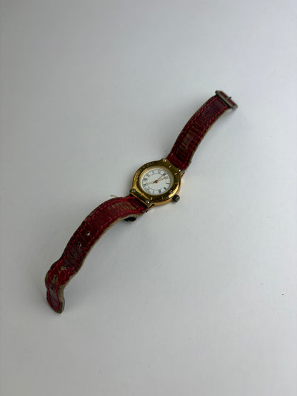 Vintage Courreges Quartz Watch Gold Red Crocodile-Effect Strap