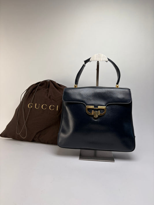 Vintage Gucci Structured Leather Top-Handle Bag Late 1970s Navy