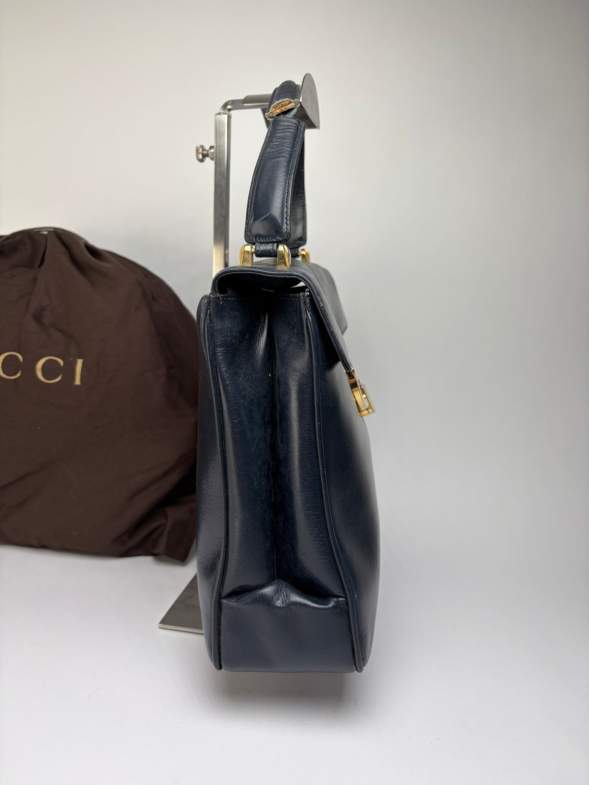 Vintage Gucci Structured Leather Top-Handle Bag Late 1970s Navy