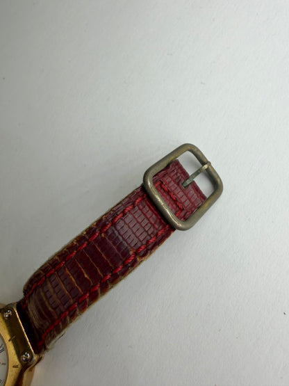 Vintage Courreges Quartz Watch Gold Red Crocodile-Effect Strap