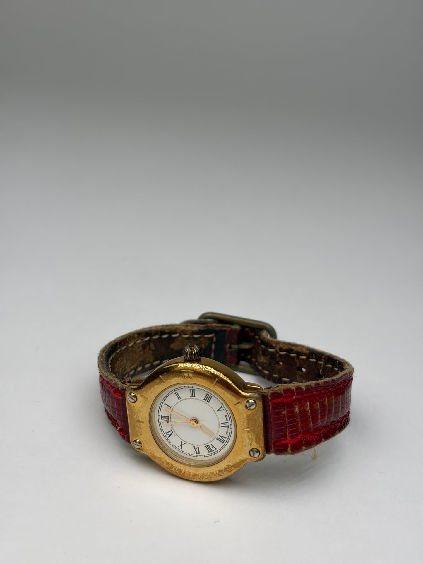 Vintage Courreges Quartz Watch Gold Red Crocodile-Effect Strap