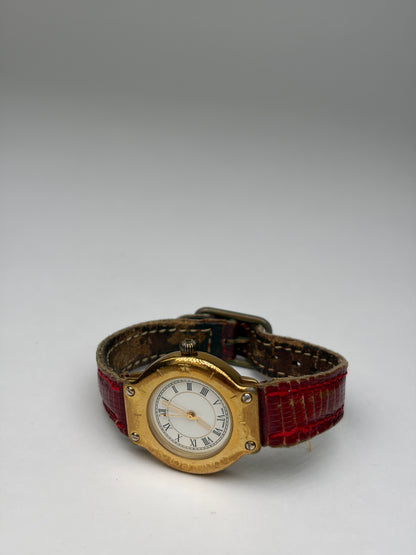 Vintage Courreges Quartz Watch Gold Red Crocodile-Effect Strap