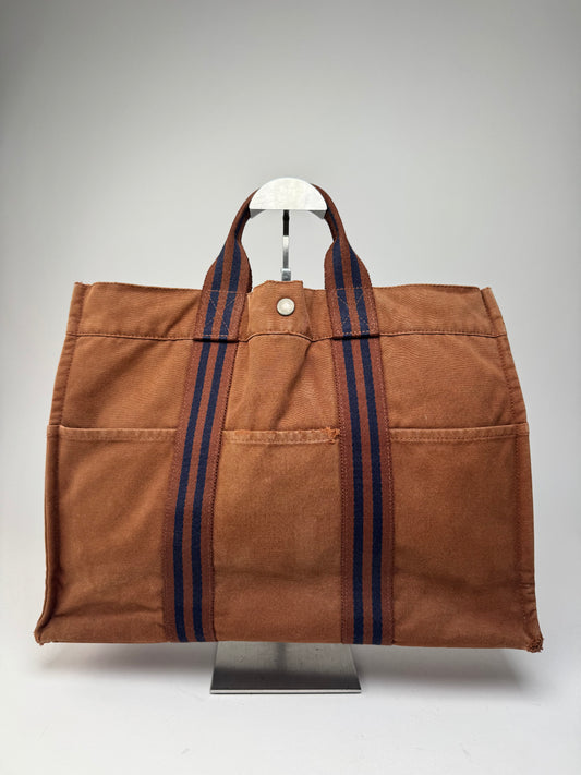 Vintage Hermes Canvas Tote Brown Navy