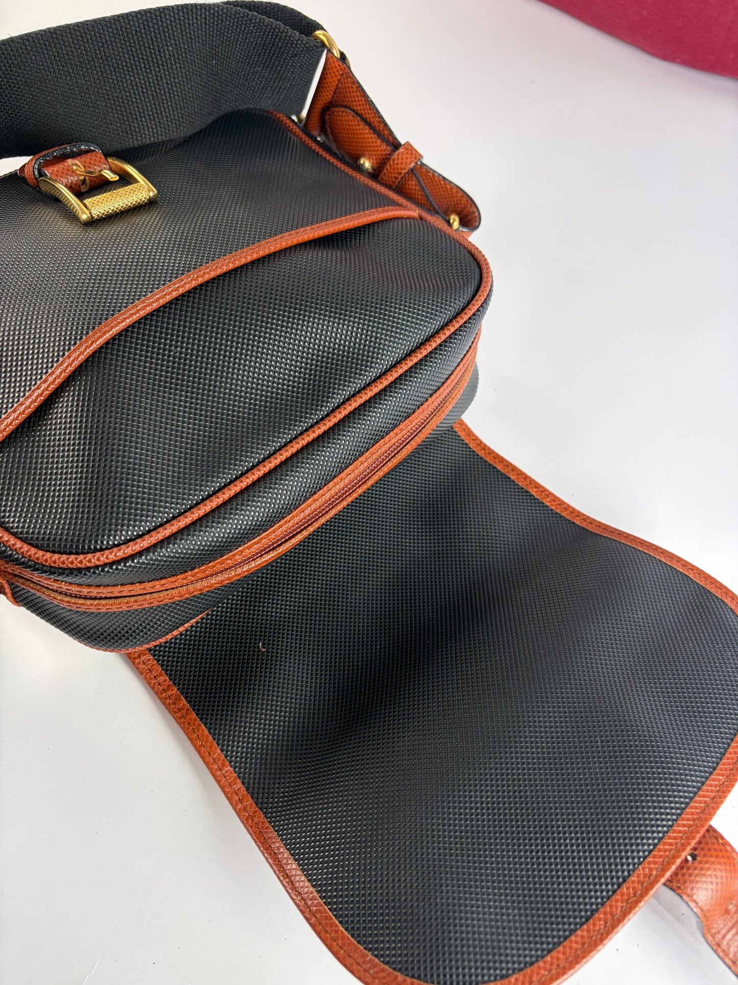 Vintage Bottega Veneta Textured Nylon Flap Crossbody Bag Black Orange