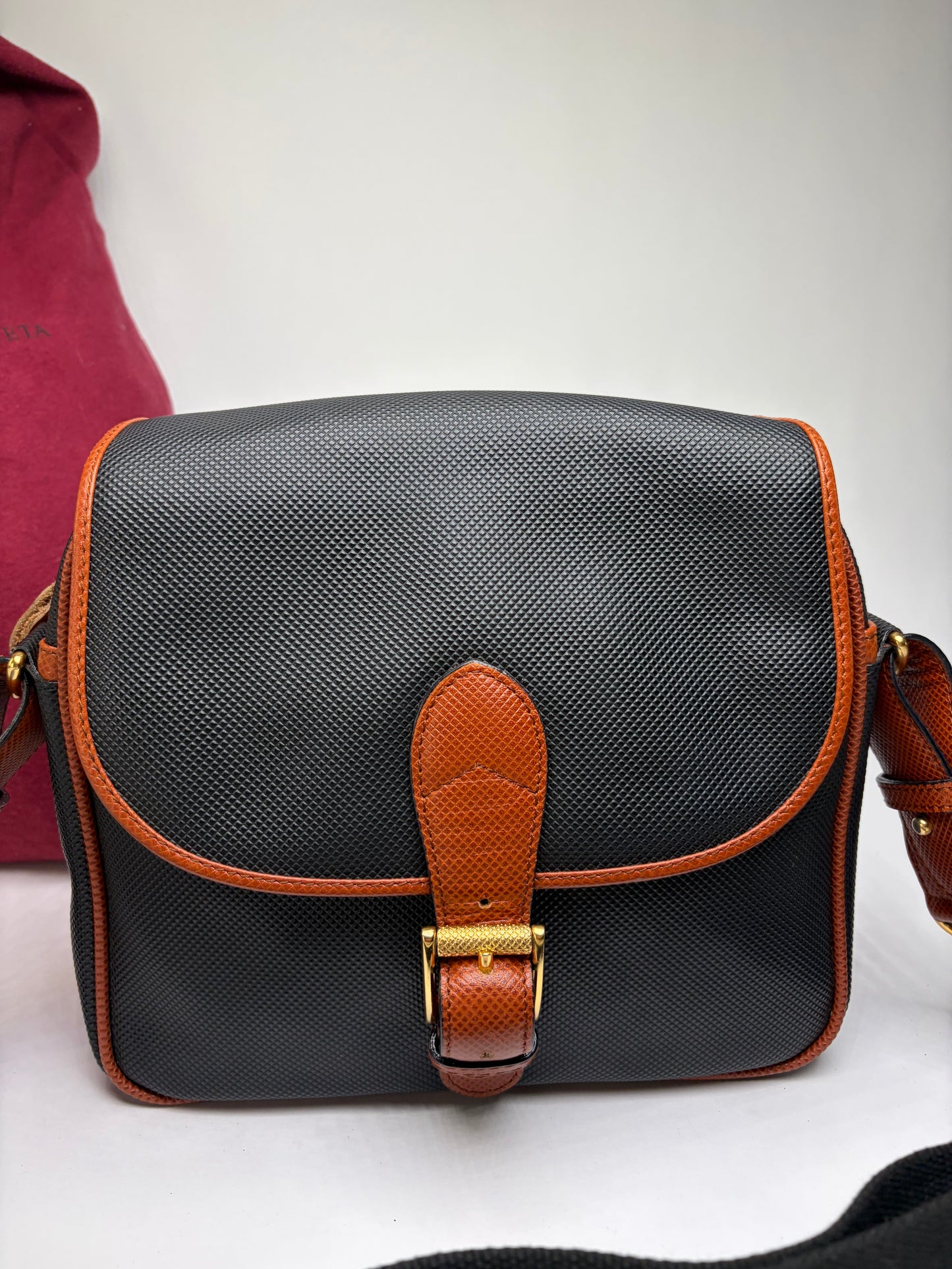 Vintage Bottega Veneta Textured Nylon Flap Crossbody Bag Black Orange