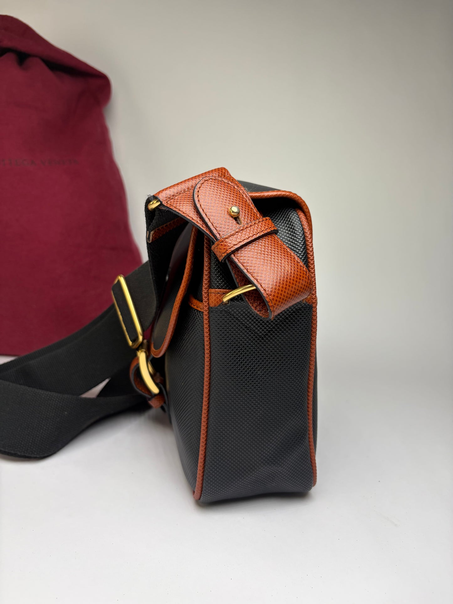 Vintage Bottega Veneta Textured Nylon Flap Crossbody Bag Black Orange