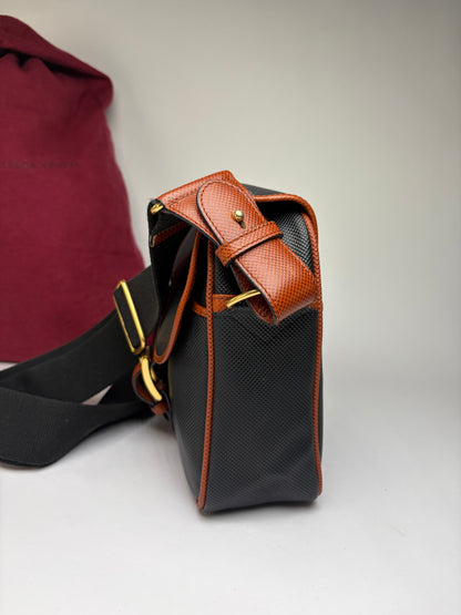 Vintage Bottega Veneta Textured Nylon Flap Crossbody Bag Black Orange
