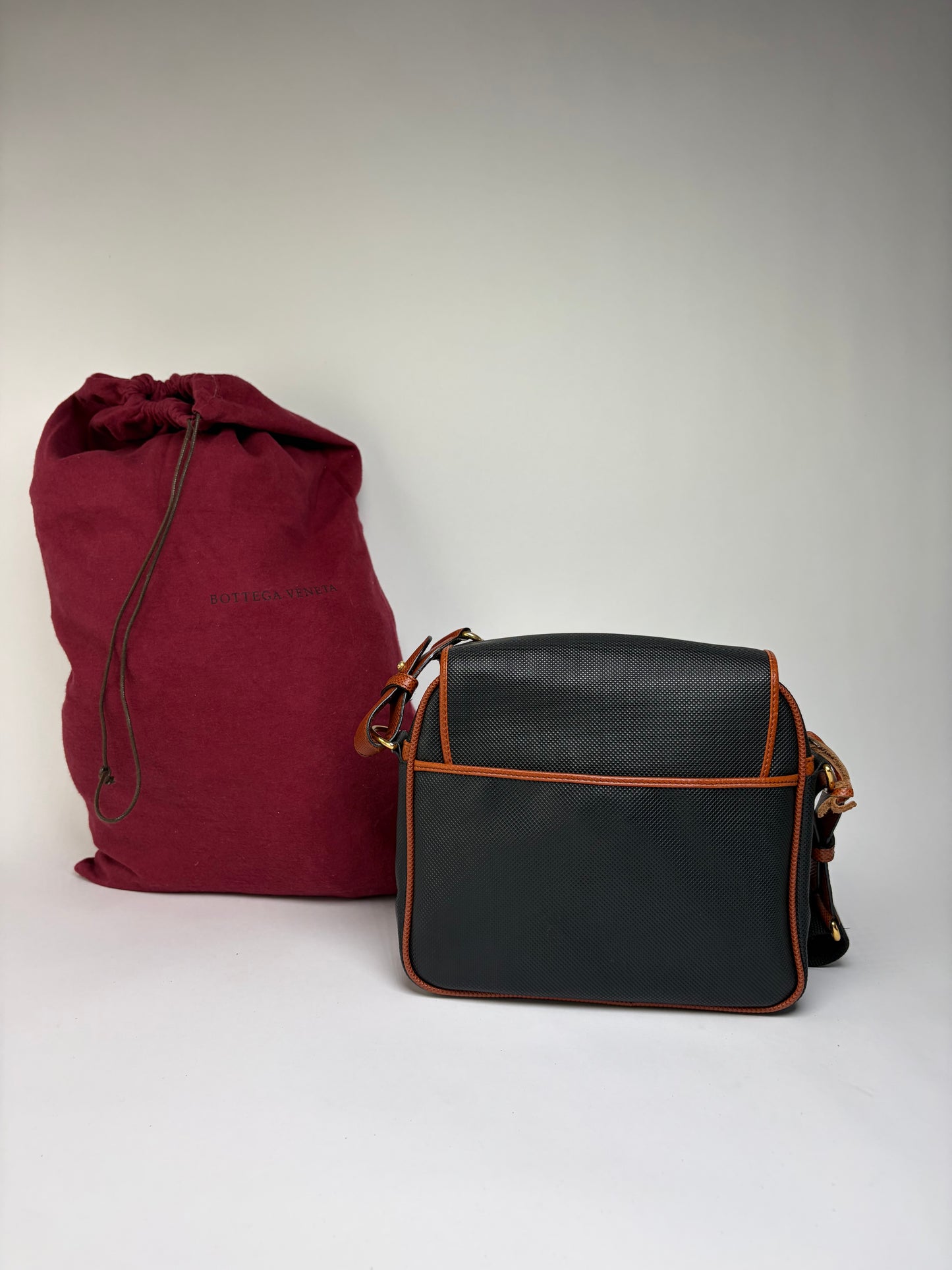 Vintage Bottega Veneta Textured Nylon Flap Crossbody Bag Black Orange