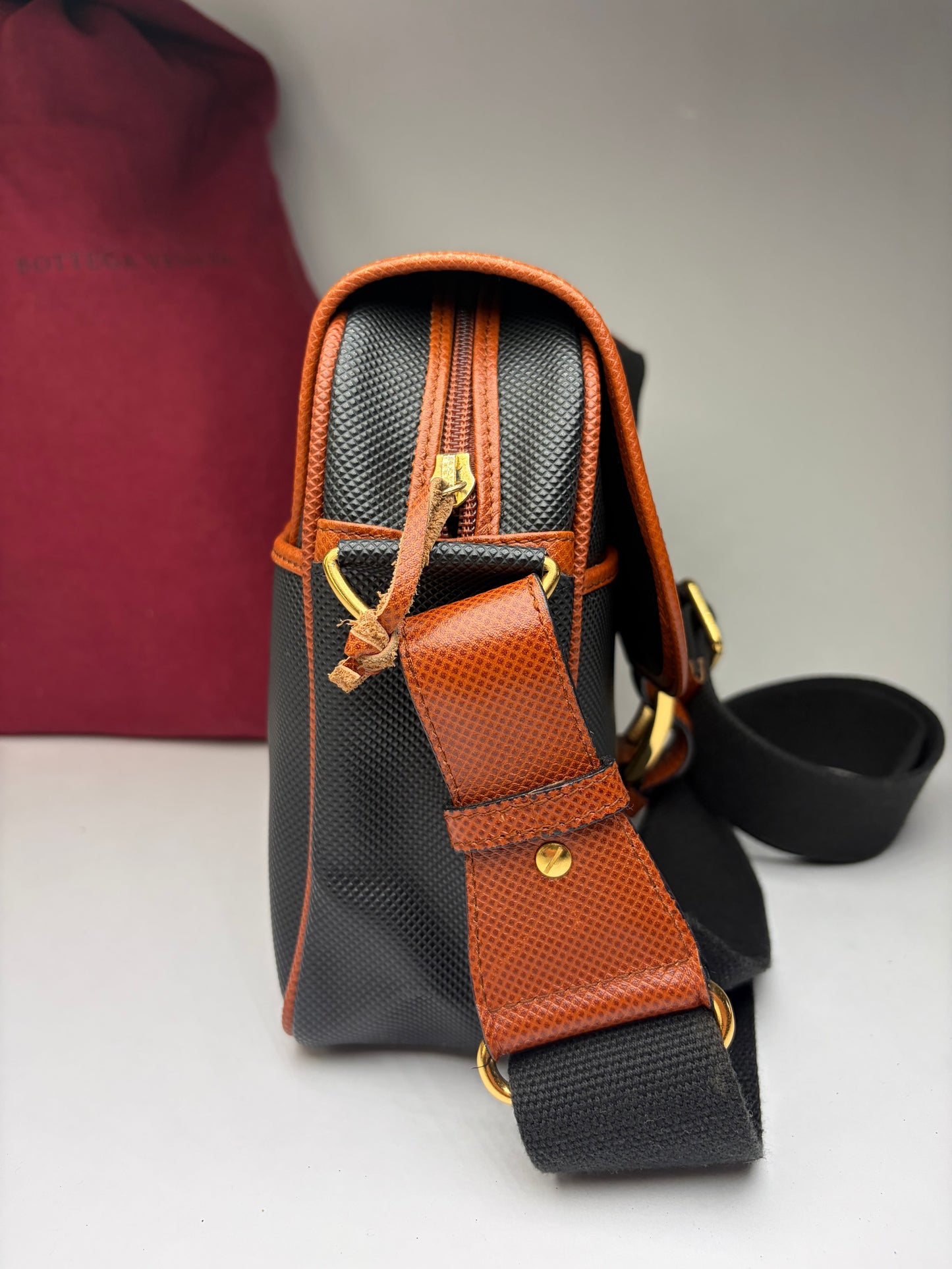 Vintage Bottega Veneta Textured Nylon Flap Crossbody Bag Black Orange