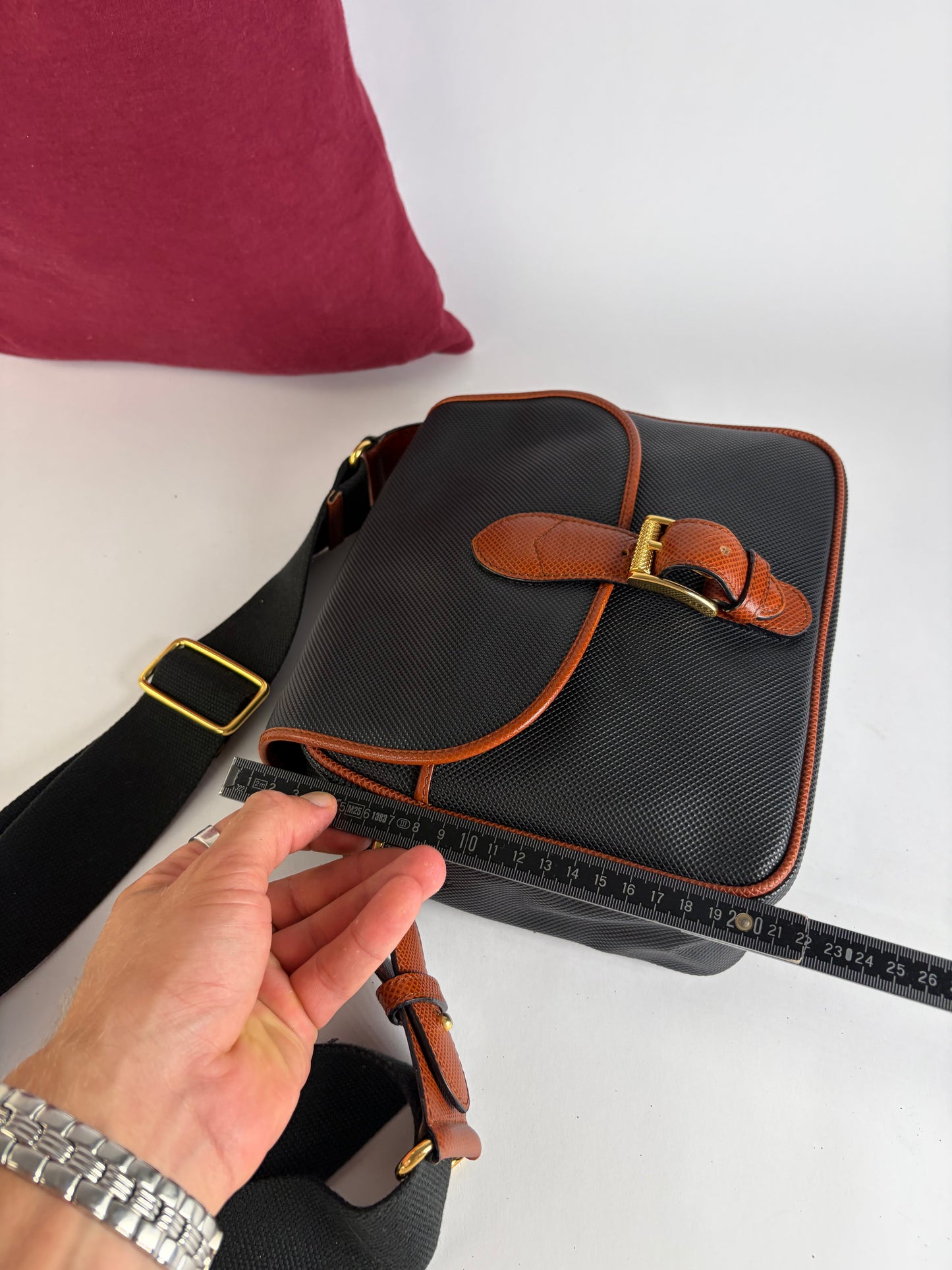 Vintage Bottega Veneta Textured Nylon Flap Crossbody Bag Black Orange