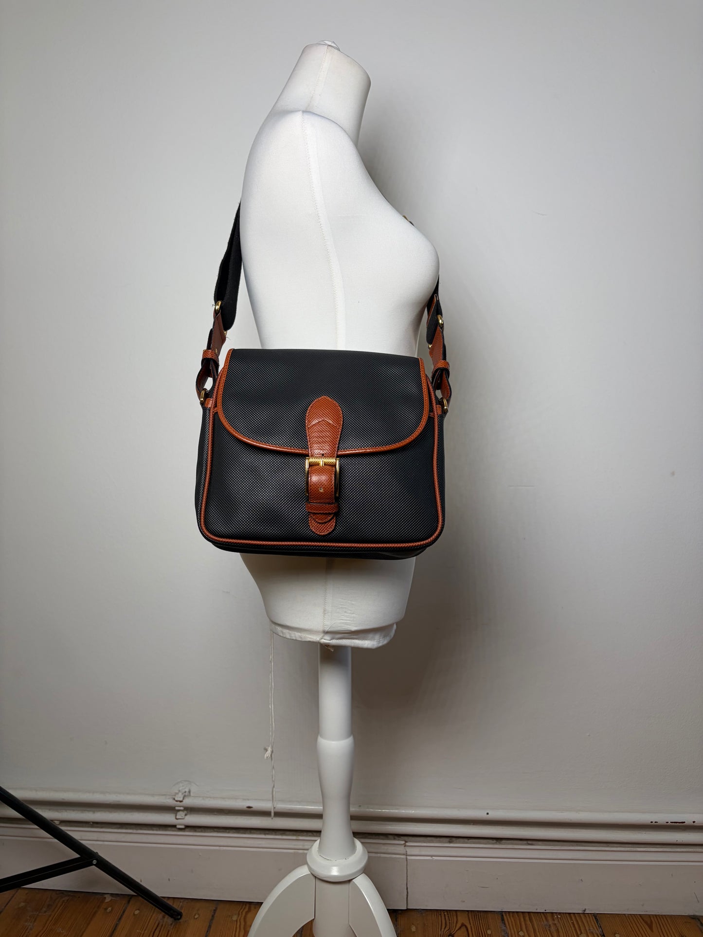 Vintage Bottega Veneta Textured Nylon Flap Crossbody Bag Black Orange
