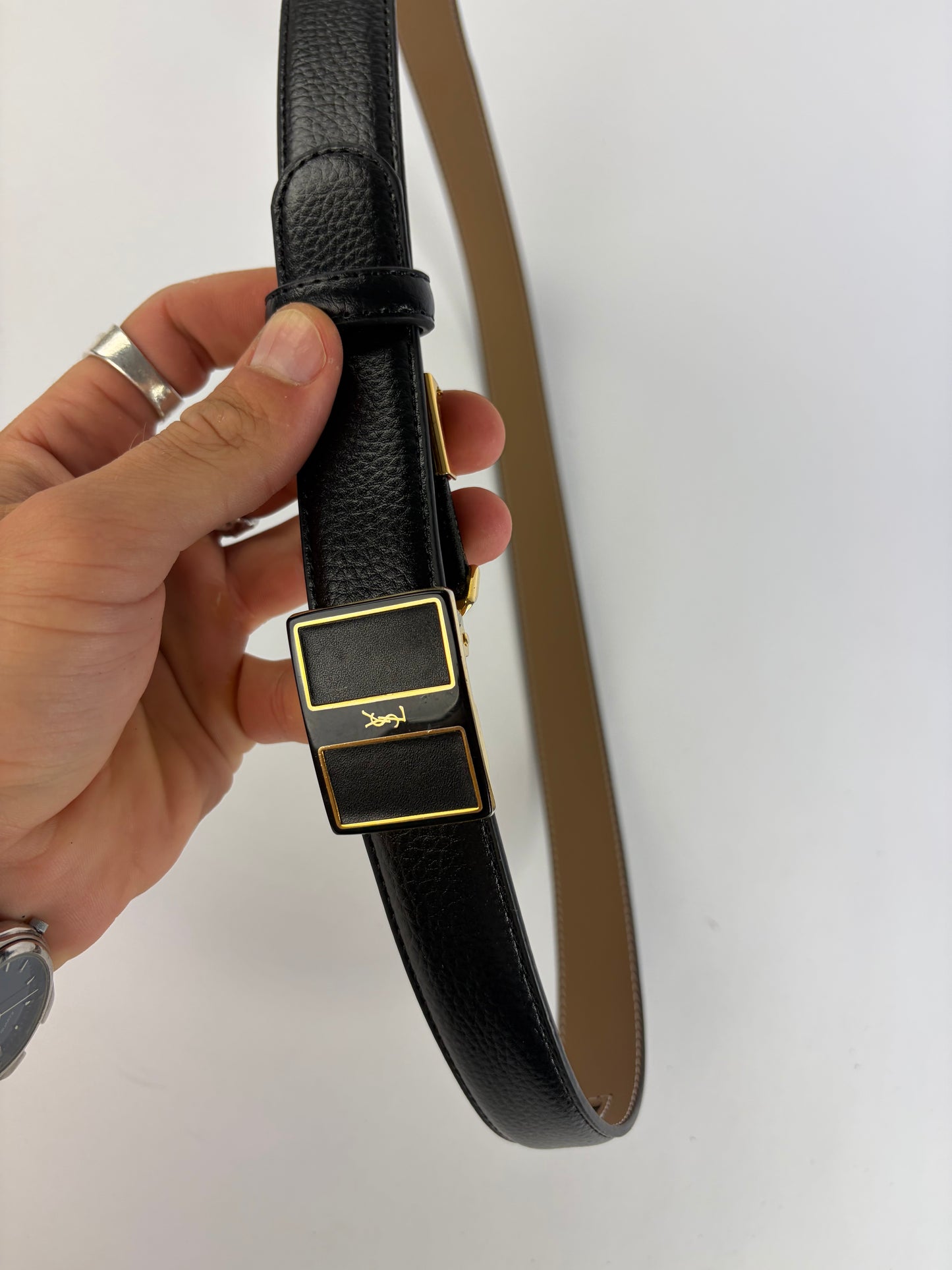 Vintage Yves Saint Laurent Textured Leather Belt Black Gold