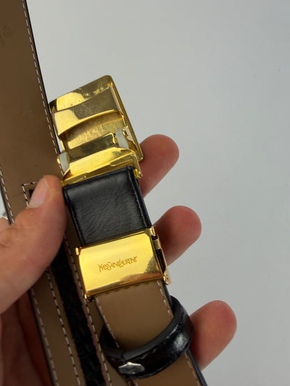 Vintage Yves Saint Laurent Textured Leather Belt Black Gold