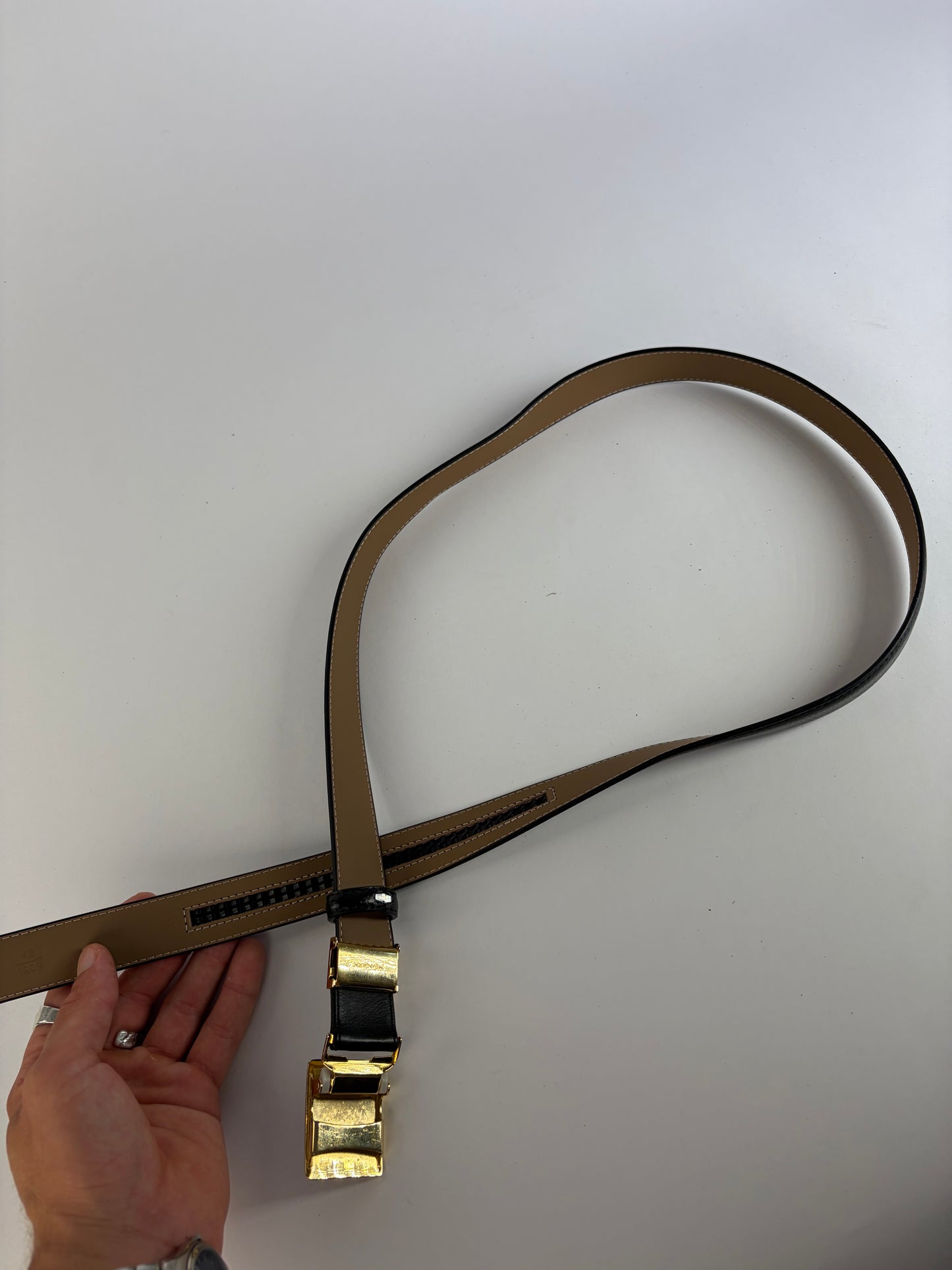 Vintage Yves Saint Laurent Textured Leather Belt Black Gold