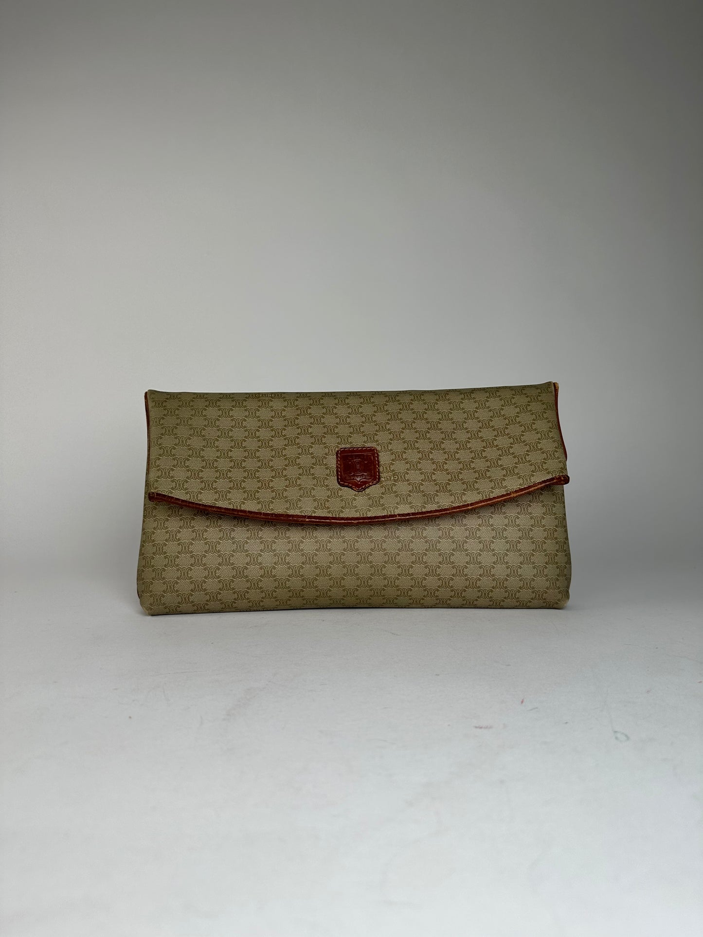 Vintage Celine Triomphe Monogram Leather Clutch Beige Brown