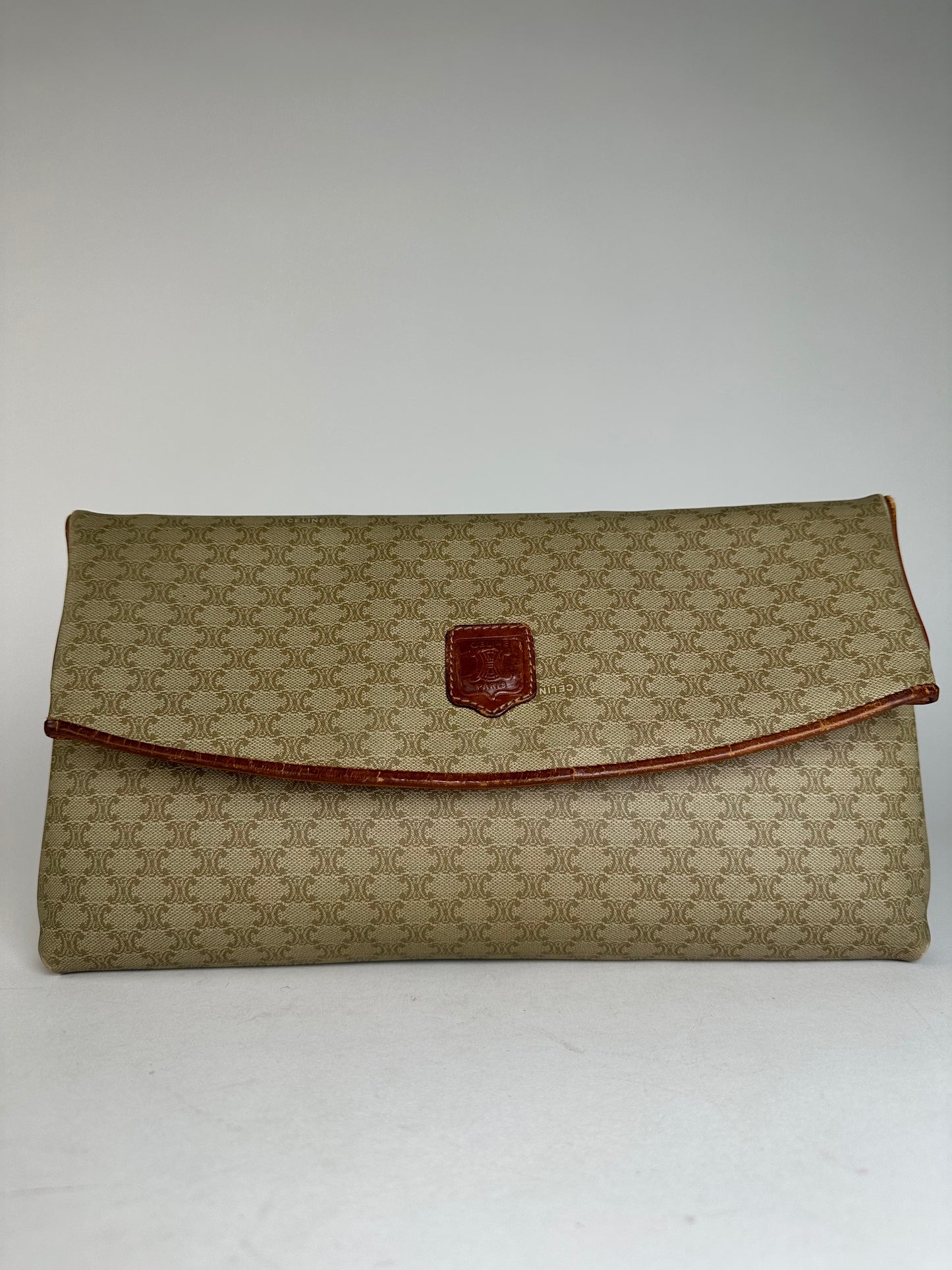 Vintage Celine Triomphe Monogram Leather Clutch Beige Brown