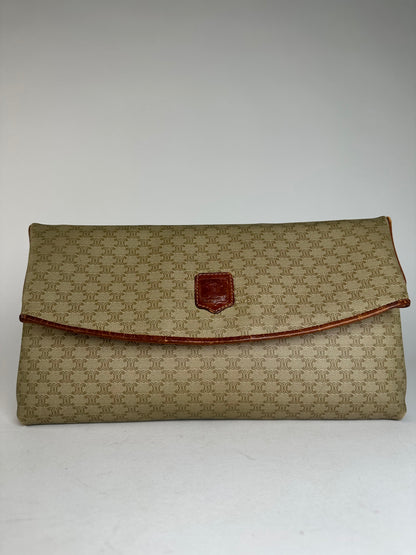 Vintage Celine Triomphe Monogram Leather Clutch Beige Brown