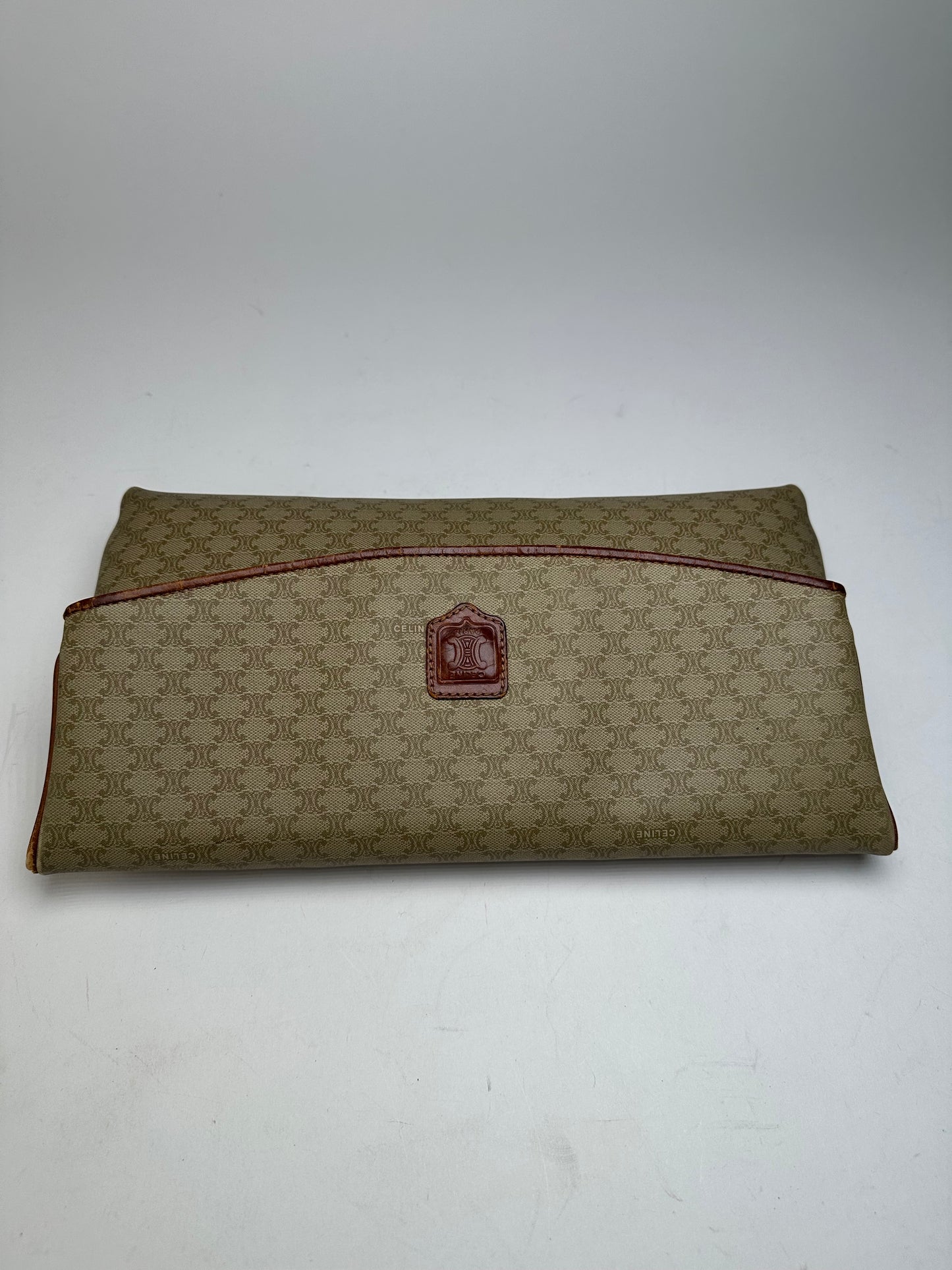 Vintage Celine Triomphe Monogram Leather Clutch Beige Brown