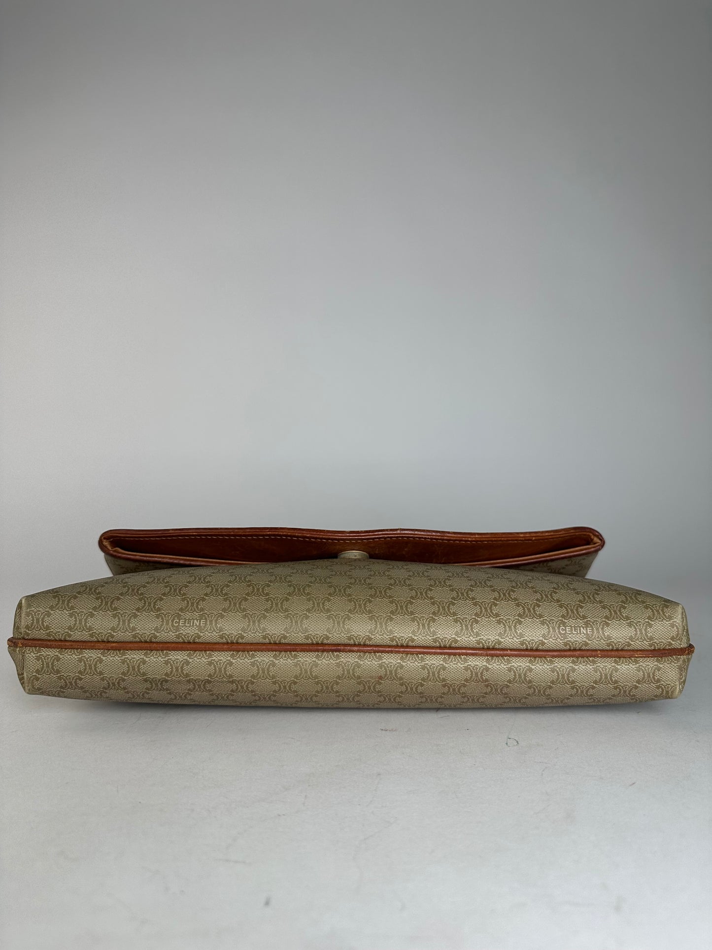 Vintage Celine Triomphe Monogram Leather Clutch Beige Brown