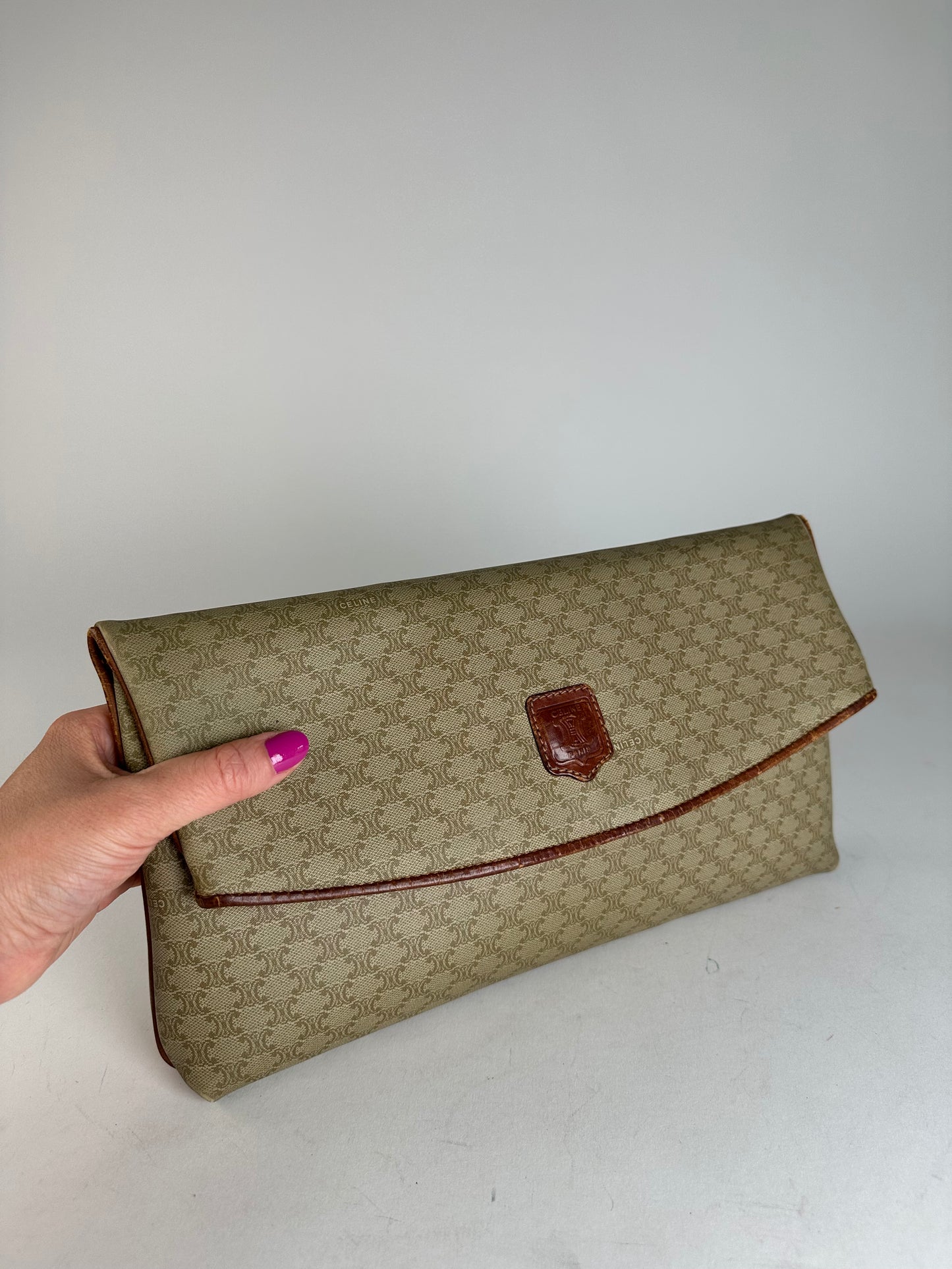 Vintage Celine Triomphe Monogram Leather Clutch Beige Brown