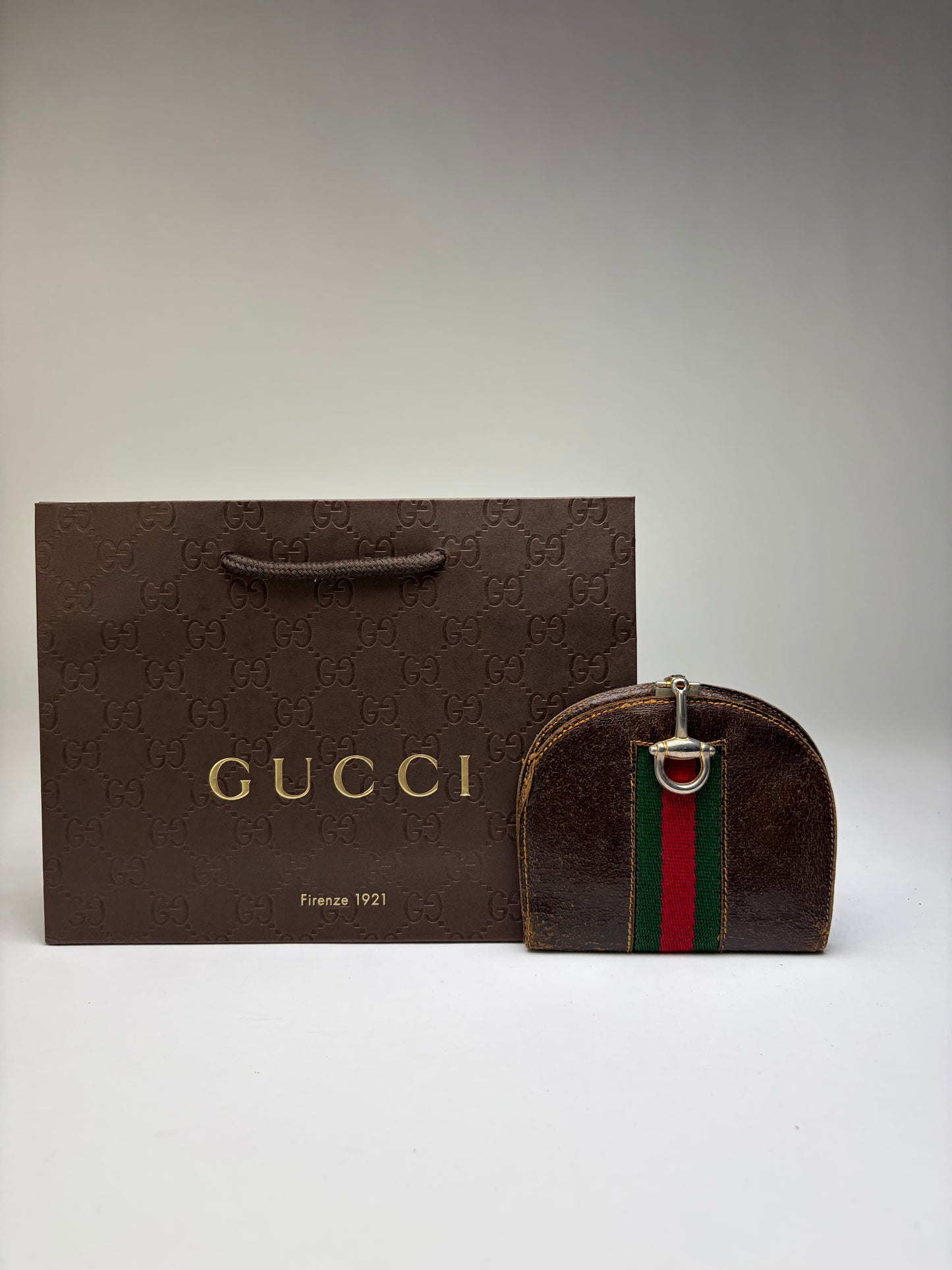 Vintage Gucci Web Stripe Leather Coin Purse Brown Gold