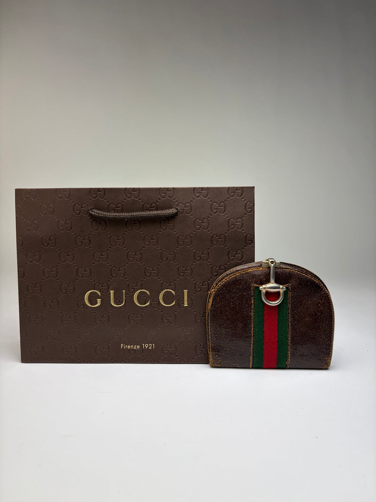 Vintage Gucci Web Stripe Leather Coin Purse Brown Gold
