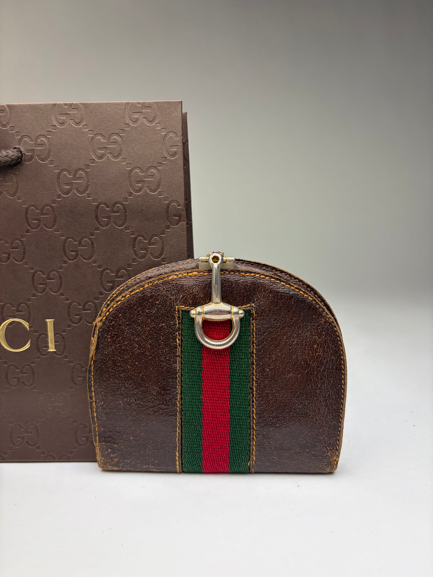 Vintage Gucci Web Stripe Leather Coin Purse Brown Gold