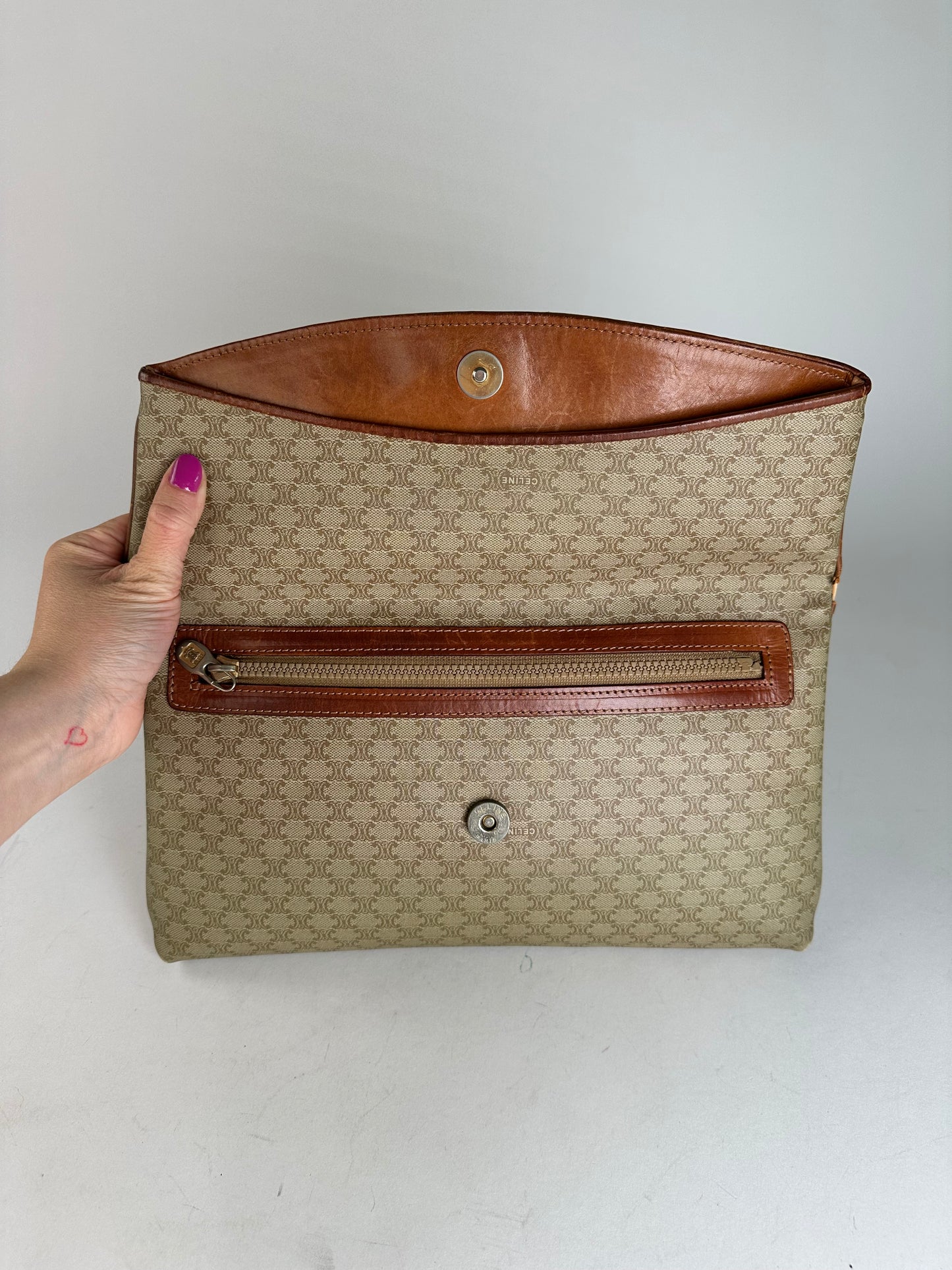 Vintage Celine Triomphe Monogram Leather Clutch Beige Brown