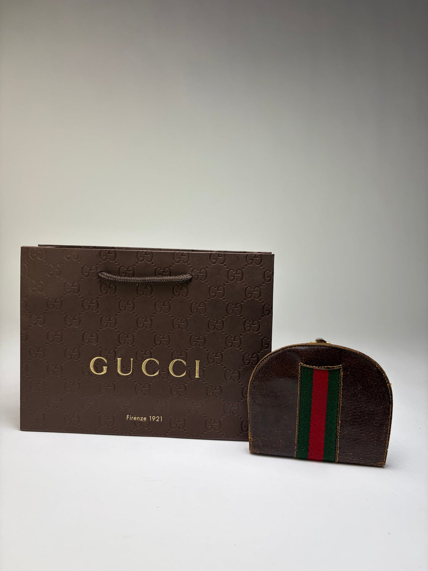 Vintage Gucci Web Stripe Leather Coin Purse Brown Gold