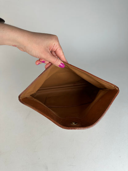 Vintage Celine Triomphe Monogram Leather Clutch Beige Brown